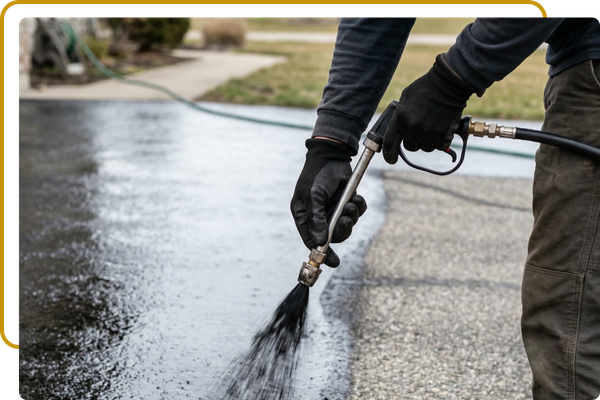 contractor spraying oil-based sealcoating on driveway