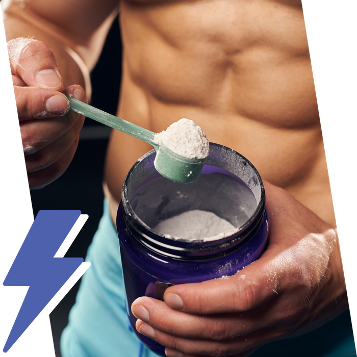 spooning up protein powder, lightning icon