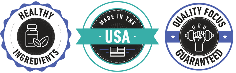 trust badges: healthy ingredients, made in the usa, quality focus guaranteed