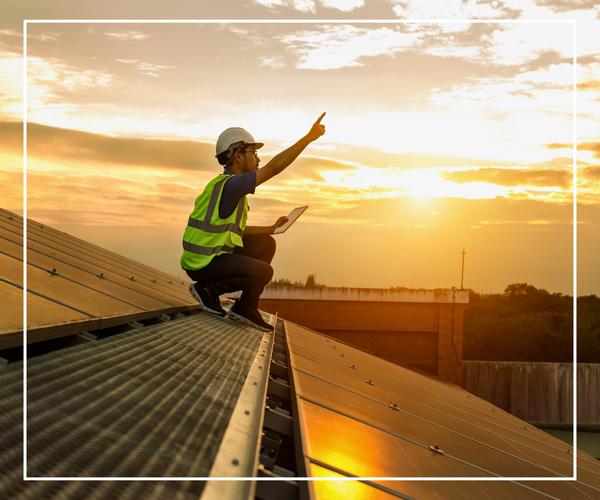 A commercial roofing contractor stands on top of a roof with a sunset in the background.