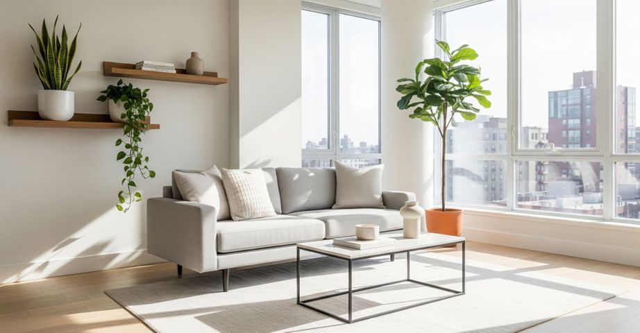 A bright and modern luxury apartment living room filled with various healthy indoor plants.