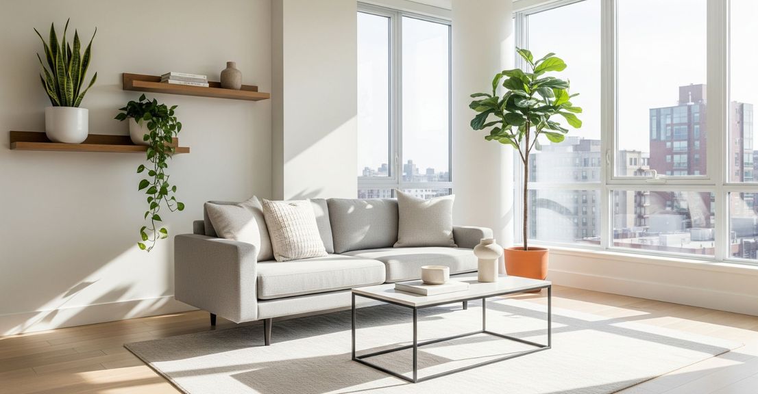 A bright and modern luxury apartment living room filled with various healthy indoor plants.