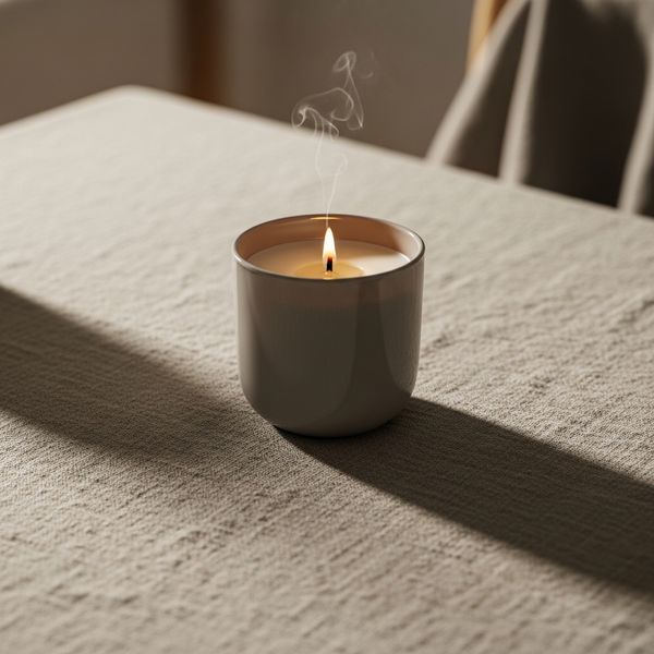 Sensory minimalist decor featuring a luxury candle and linen textures.