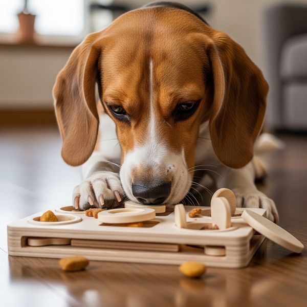 A beagle playing with a mental stimulation puzzle toy
