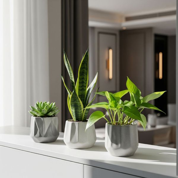 Three small, modern potted plants. Three small, modern potted plants.