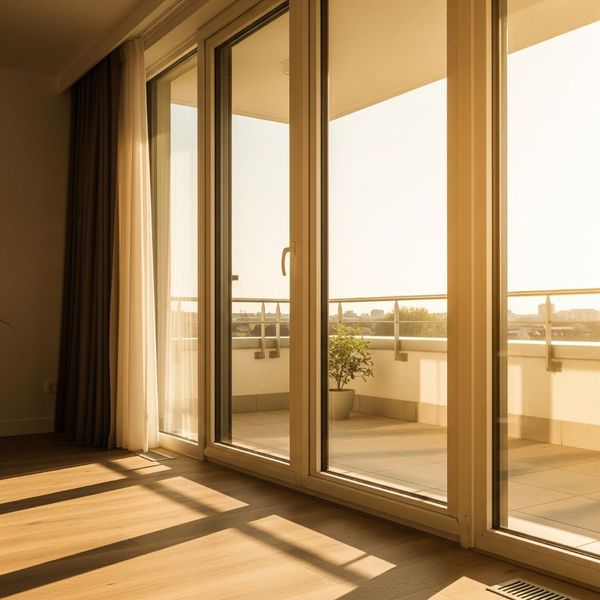 Golden sunlight streaming through a large patio door onto the floor of a modern apartment.