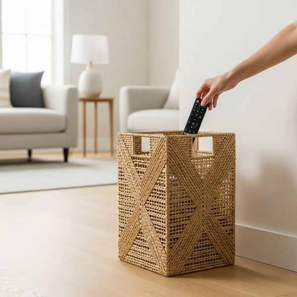 Hand dropping clutter into a decorative basket in a clean, open-concept living room