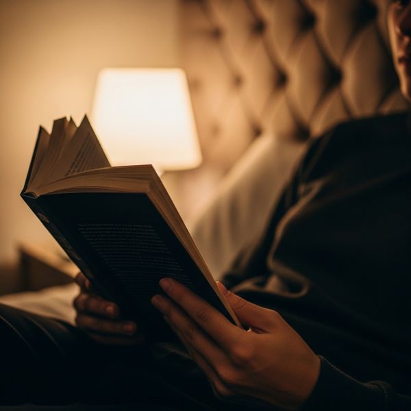 Hands holding an open book under a soft bedside lamp as part of a nightly routine