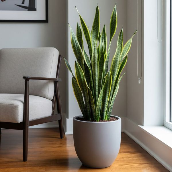 A tall snake plant in a ceramic pot adding a touch of green to the corner of a modern apartment. A tall snake plant in a ceramic pot adding a touch of green to the corner of a modern apartment.
