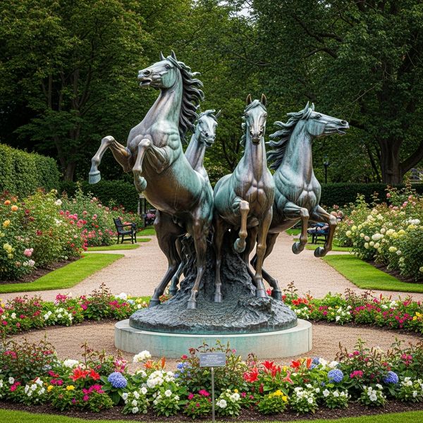 A professional bronze sculpture displayed in a public outdoor garden