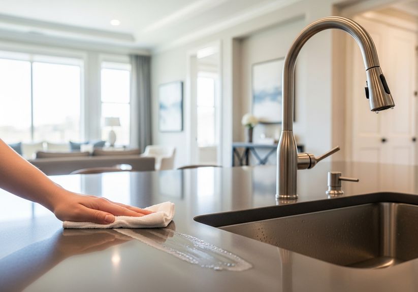 Hand quickly wiping down a clean, modern kitchen countertop in a luxury apartment