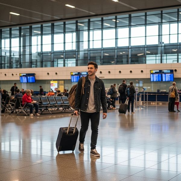 a person walking through an airport , ready for travel