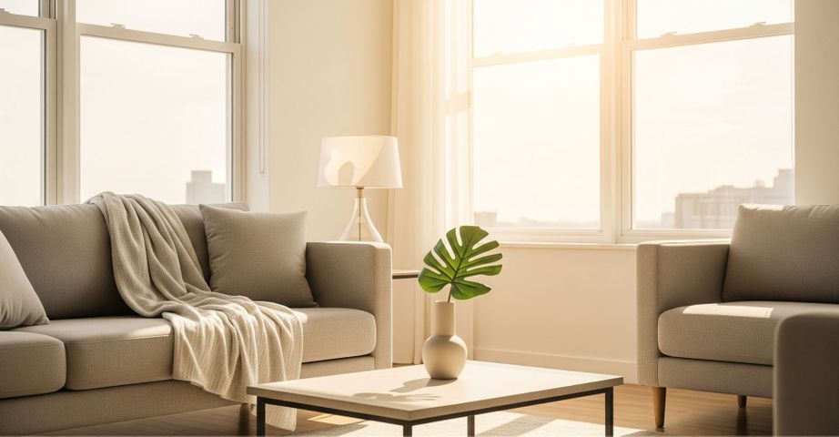 Bright, sunlit living room of a luxury apartment decorated for summer with light-colored textiles.