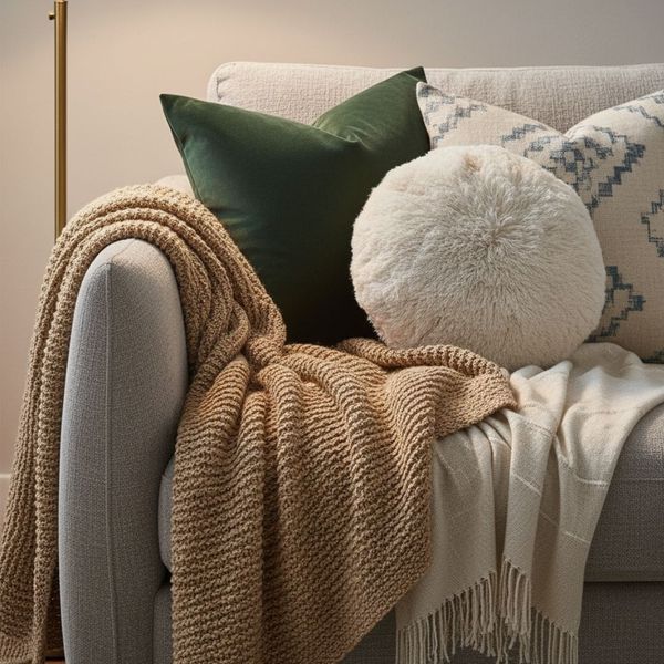 Close-up of a sofa corner with layered decorative pillows and a luxurious throw blanket Close-up of a sofa corner with layered decorative pillows and a luxurious throw blanket