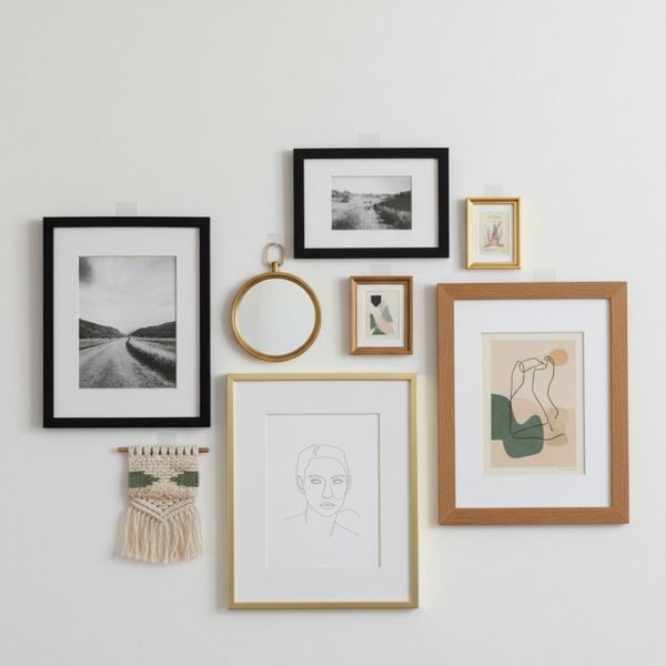 Stylish gallery wall featuring a collection of framed art and mirrors Stylish gallery wall featuring a collection of framed art and mirrors