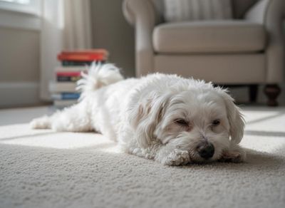 small dog sprawled out on a carpeted floor