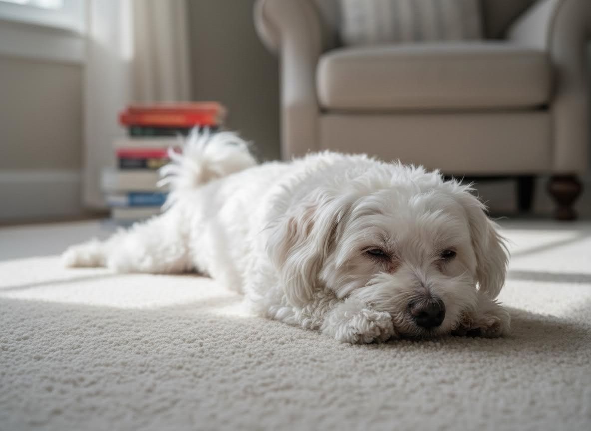 small dog sprawled out on a carpeted floor
