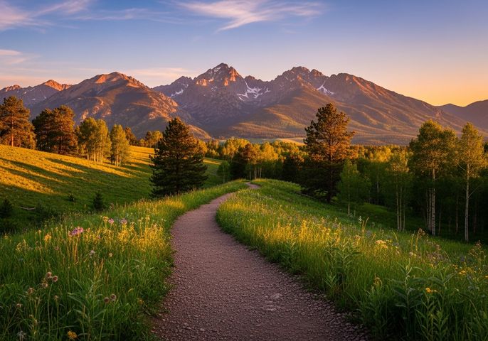 trail with the Rocky Mountains in the background during sunset