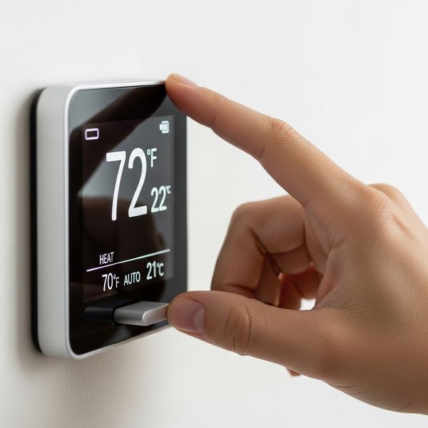 Close-up of a hand adjusting a smart thermostat to a cool temperature setting