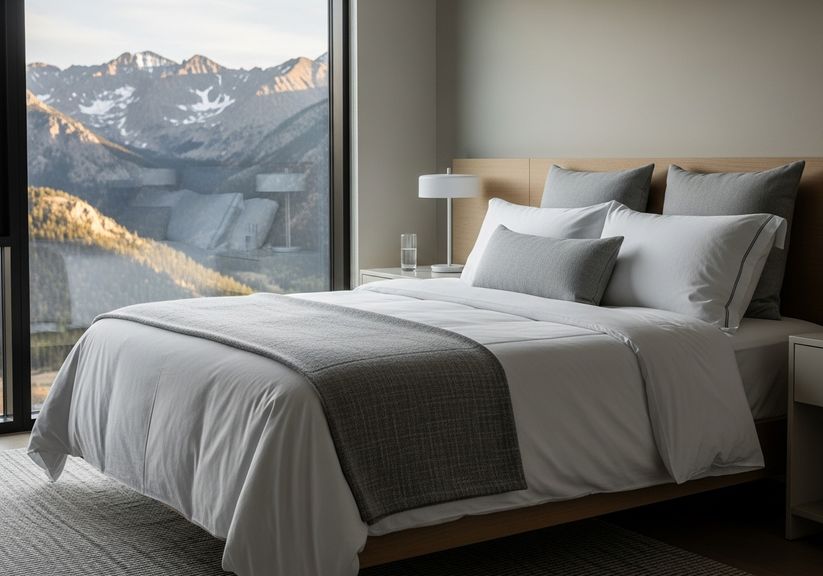 Serene, luxurious apartment bedroom with a mountain view and high-quality neutral bedding