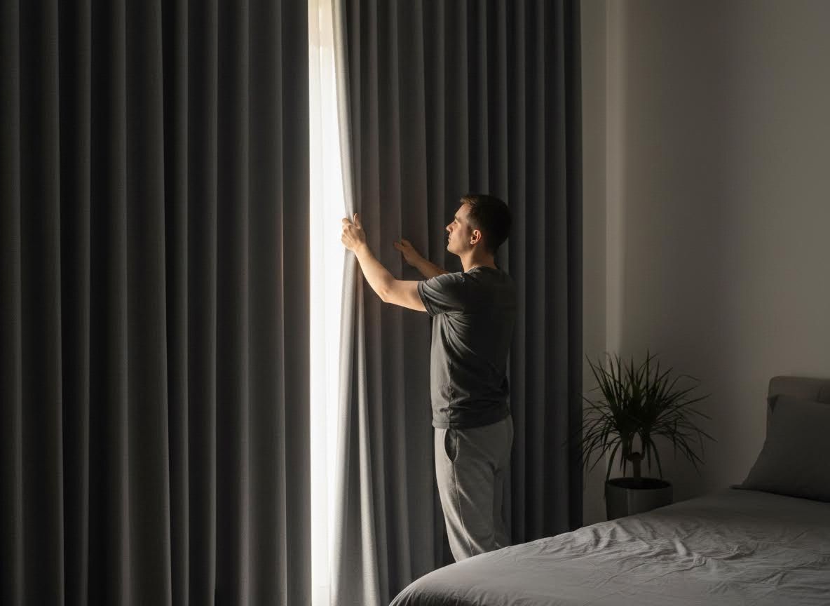 person closing curtains to block out the sun