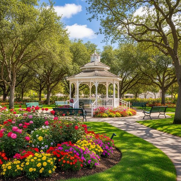 A sunny community park area with a gazebo and flowers