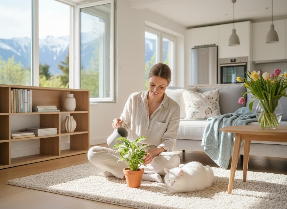 Woman watering houseplant in sunny living room with cat