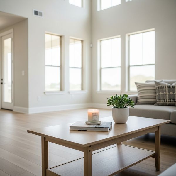 Minimalist, clean and organized open-concept apartment living space with natural light