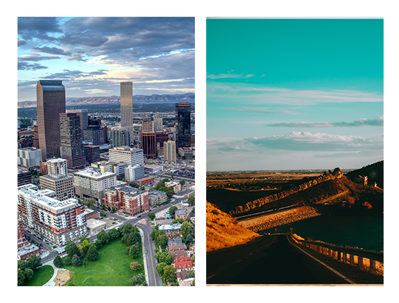 Denver skyline and Rocky Mountain foothills