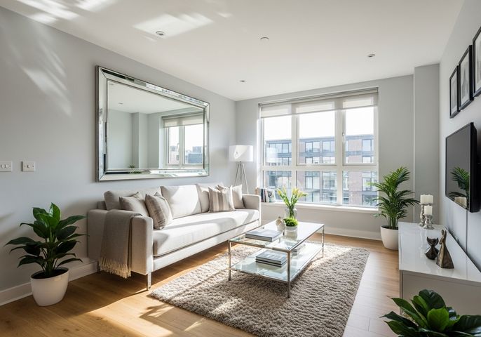 Bright, modern apartment living room with a large mirror reflecting natural light to enhance spaciousness.