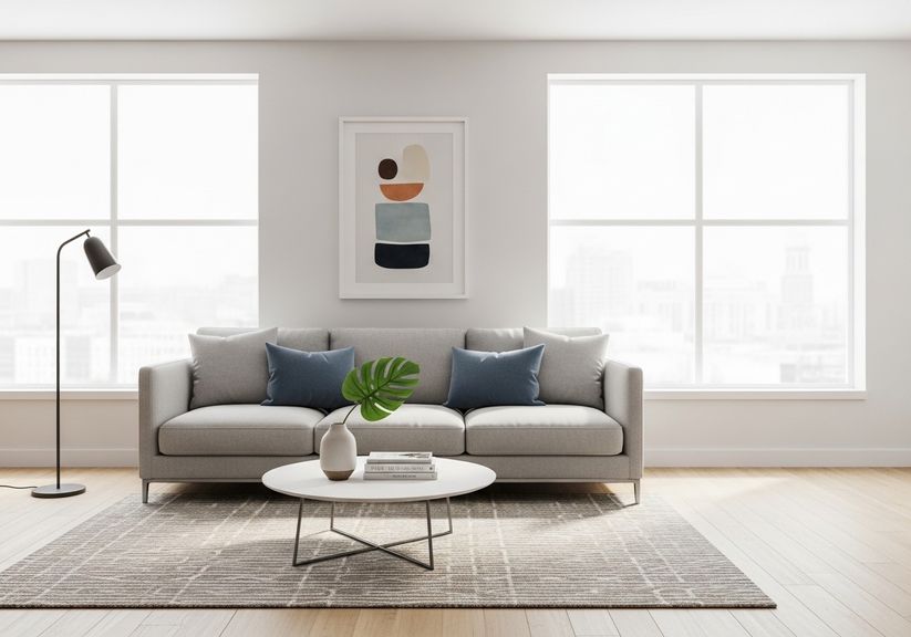 A bright, modern apartment interior with minimalist decor