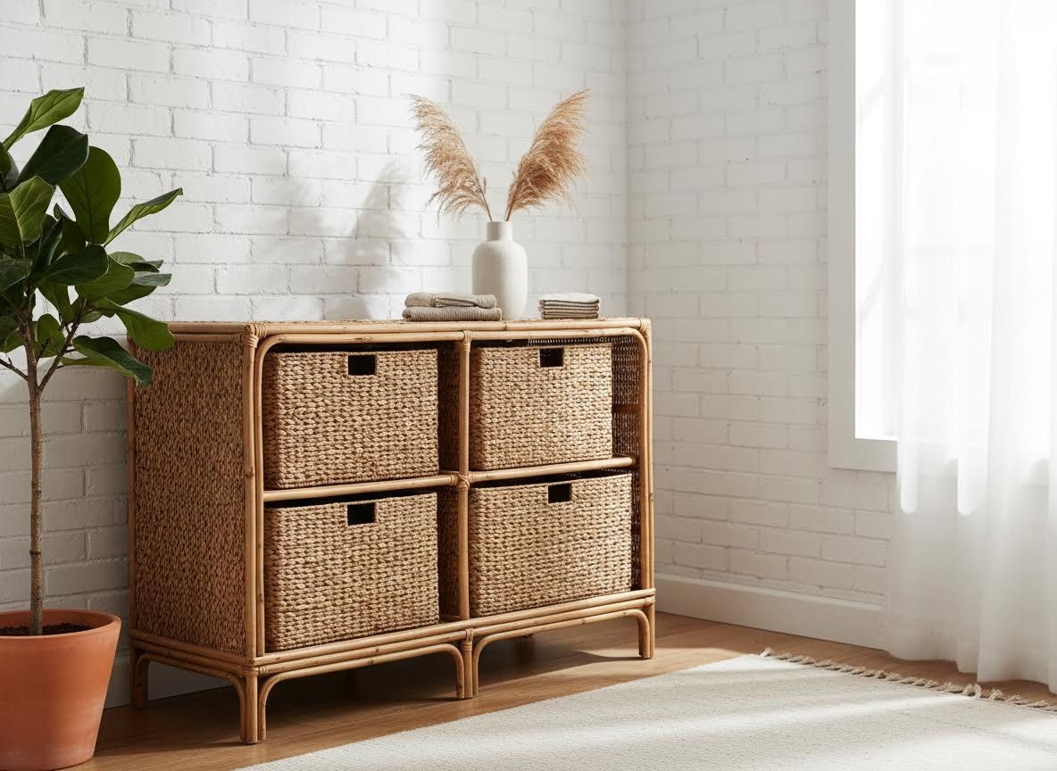 wicker dresser with baskets