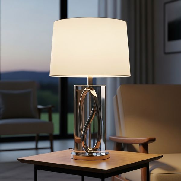 Modern table lamp with a clear glass base, emphasizing visual transparency and light design