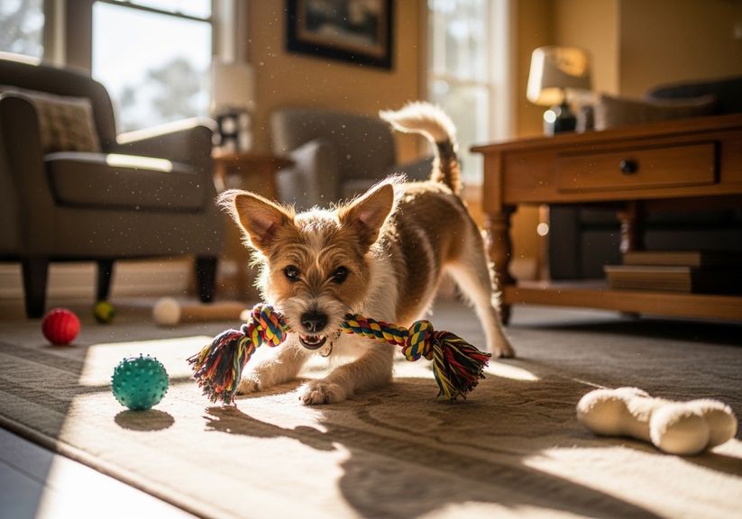 small dog playing with a toy on a living room floor