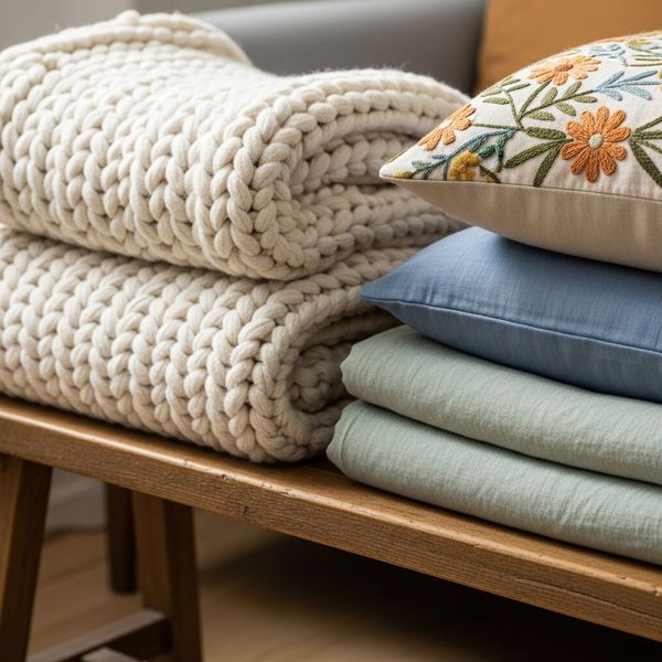 Close-up of seasonal blankets and pillows for apartment decor swaps