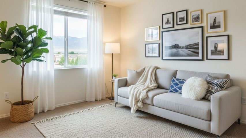 Bright, modern apartment sofa layered with colorful throw pillows and a knit blanket