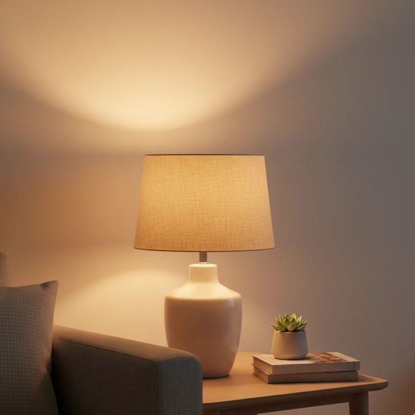 A stylish table lamp casting a warm, ambient glow on a small side table next to a sofa A stylish table lamp casting a warm, ambient glow on a small side table next to a sofa
