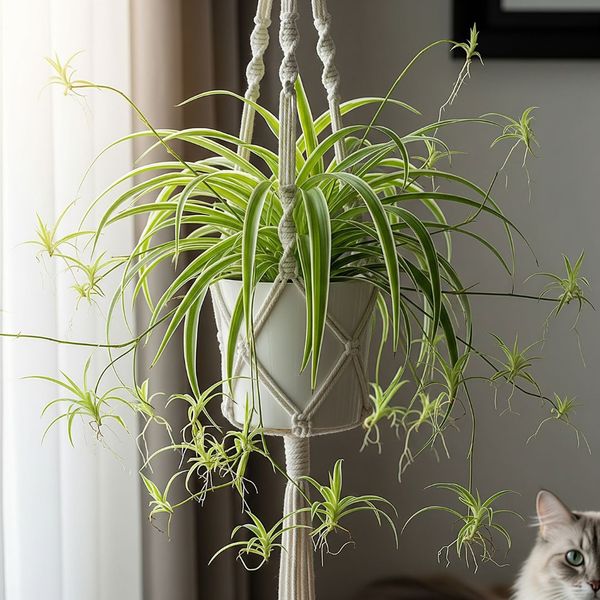 A spider plant in a hanging basket, a popular pet-safe choice for apartment living. A spider plant in a hanging basket, a popular pet-safe choice for apartment living.