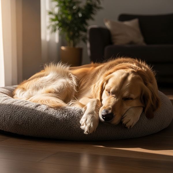 a dog resting in its bed