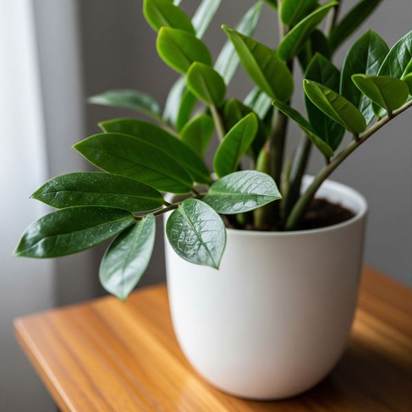 A glossy ZZ plant in a minimalist white pot on a side table in a luxury apartment.