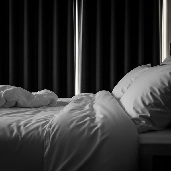 Tight shot showing the texture of crisp white sheets and a closed blackout curtain