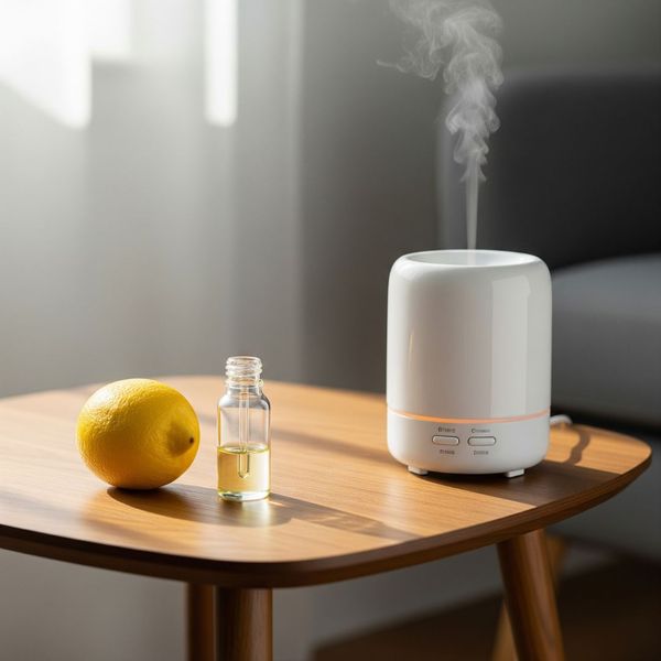 A white essential oil diffuser on a wooden table next to a fresh lemon. A white essential oil diffuser on a wooden table next to a fresh lemon.