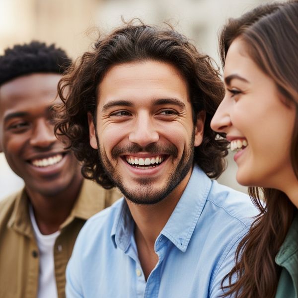 close-up of friends talking and laughing outside