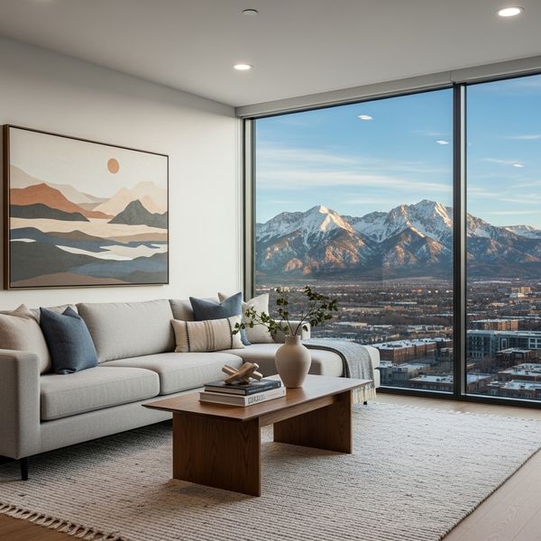 apartment living room with large window showcasing a clear view of the Rocky Mountains.