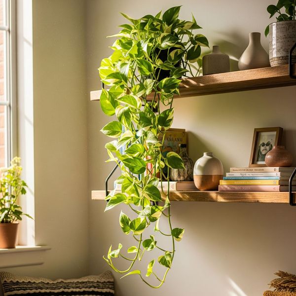 A pothos plant with long green vines trailing down from a bookshelf in a sunny apartment room.