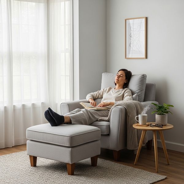 person resting on a comfortable chair in the corner of a room in an apartment 