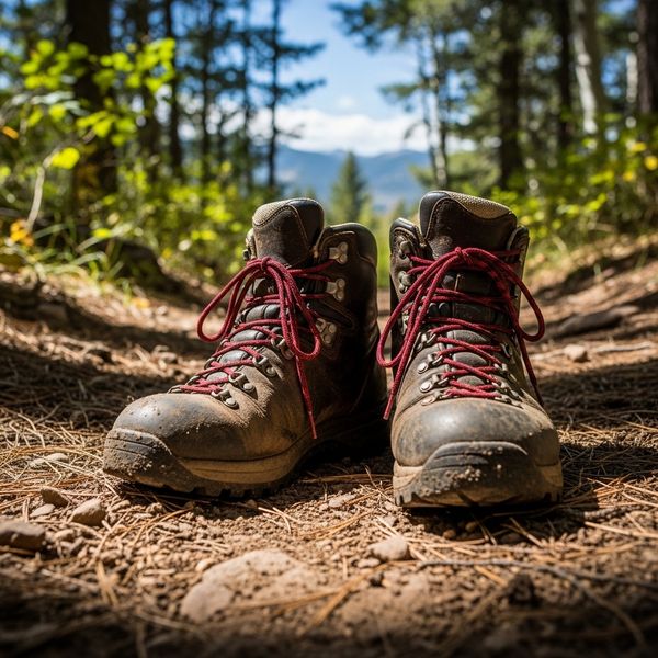 Close-up of hiking boots on a natural trail in Northern Colorado.