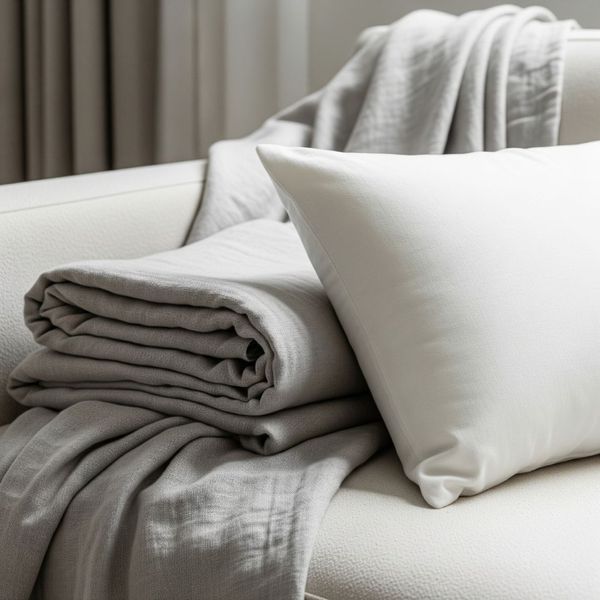 A close-up of a light linen throw blanket and a cotton pillow on a sofa. A close-up of a light linen throw blanket and a cotton pillow on a sofa.