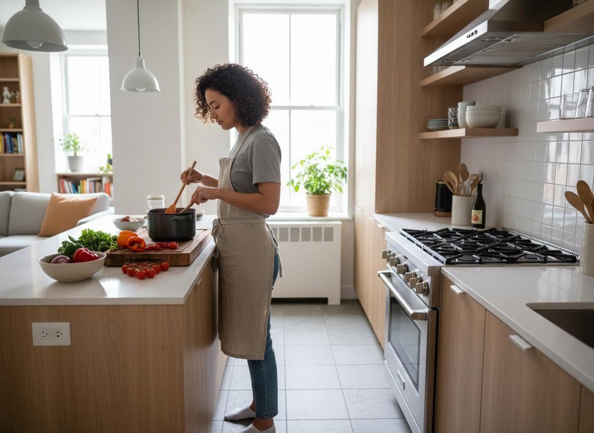person cooking in an apartment kitchen