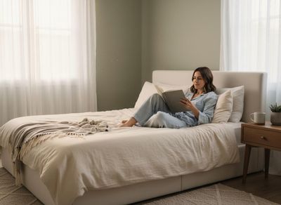 A woman in light blue pajamas reads a book while comfortably propped up on pillows in a bright, tranquil bedroom. Woman reading a book in a cozy bed